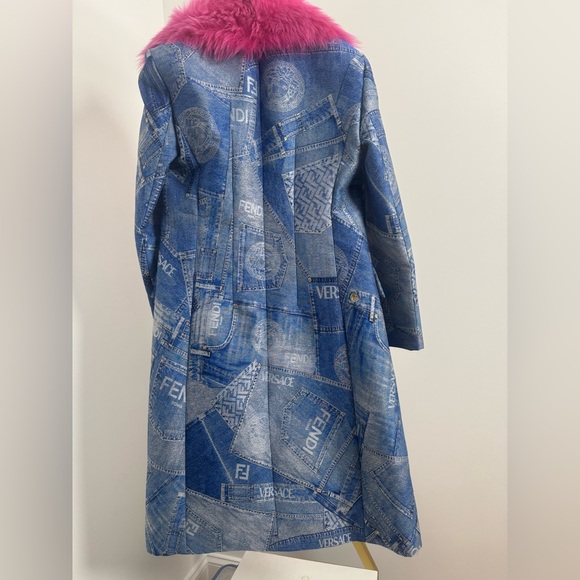 Rare Runway Fendace Medusa head Zucca monogram Denim Jacket faux fur attachment - Picture 5 of 16